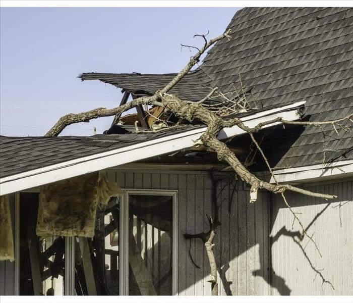 Tree limbs remain on the ripped roof of a house severely damaged by a storm